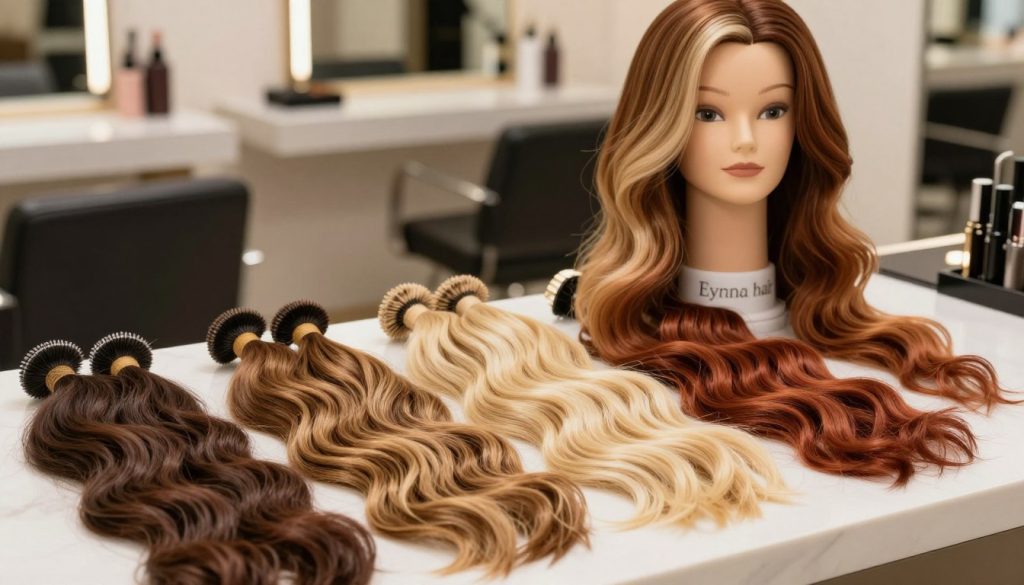 A vibrant color palette showcasing hair toppers made from natural human hair, branded as "Eynna hair". In the foreground, display various swatches of hair in soft, flowing textures, arranged elegantly to highlight different shades, from rich chocolates and warm chestnuts to cool blondes and striking auburns. In the middle ground, include a stylish hair topper displayed on a mannequin head, showcasing how the colors transition. The background should feature a softly blurred salon setting, with elegant lighting that creates a warm and inviting atmosphere. The image should have a professional, polished look, suggestive of a high-end hair accessory line, with a focus on artistry and color selection.