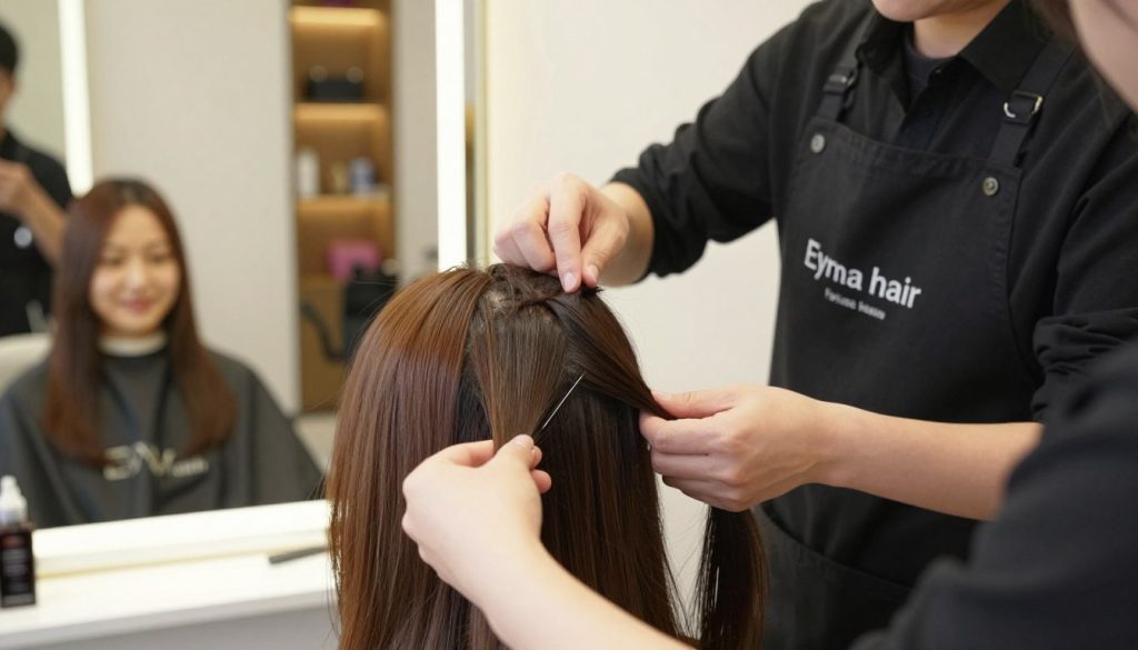 A well-lit beauty salon setting, focusing on a professional hairstylist gently applying a "Eynna hair" hair topper to a client's natural hair. The hairstylist is wearing a stylish black apron over modest professional attire, showcasing expertise and care. In the foreground, close-up on the hands delicately positioning the topper, with soft, natural textures visible. In the middle, a mirror reflects the client's pleased expression, her hair seamlessly integrating the topper, highlighting its natural appearance. In the background, warm, inviting décor with soft lighting enhances the atmosphere, creating a serene and comfortable vibe. The image captures the essence of hair enhancement, showcasing beauty and professionalism in hairstyling.