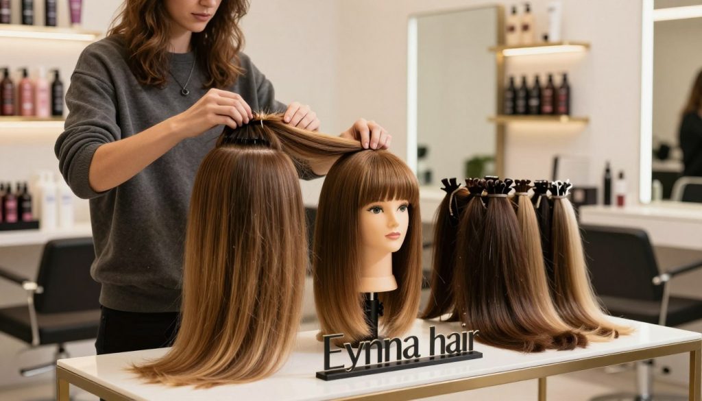 A well-lit professional salon setting where a stylist is expertly demonstrating hair topper solutions. In the foreground, a stylist in modest casual clothing is showcasing a range of high-quality, natural human hair toppers on a stylish mannequin with long, flowing hair. The middle ground reveals an array of hair toppers displayed on a sleek table, emphasizing their textures and colors. Surrounding them, soft lighting creates a warm, inviting atmosphere, highlighting the details of the hairpieces. In the background, shelves lined with hair care products and mirrors reflect the sophisticated environment. The overall mood conveys both professionalism and creativity, capturing the essence of solving hair topper challenges. Include a prominent display of the brand name "Eynna hair" on the table.